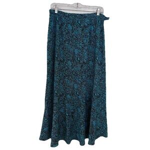 Vintage Sag Harbor Ditzy Floral Black Teal Midi A Line Flare Skirt Size 12